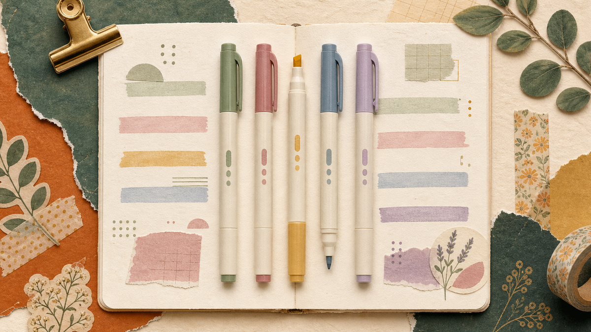 Cute flat illustration of pastel Zebra Mildliner highlighters on textured washi paper